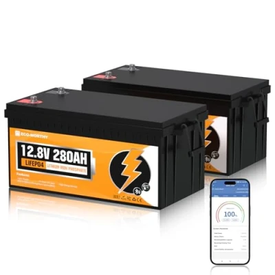 Imagen de ECO WORTHY LiFePO4 2 paquetes de unidades, 12 V, 280 Ah, Bluetooth con protección BMS baja temperatura 200 A y hasta 15.000 ciclos, 0% IVA, batería litio para