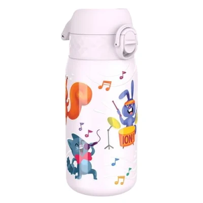 Imagen de Ion8 Botella Agua Acero Inoxidable para Niños, 400ml, a Prueba De Fugas, Fácil Abrir, Cerradura Segura, Apta Lavavajillas, Asa Transporte, Limpiar, Diseño Banda Animales
