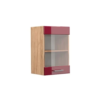 Imagen de Vicco Armario de Cocina con Vidrio R Line, Rojo Burdeos Alto Brillo/Roble Dorado, 40 cm