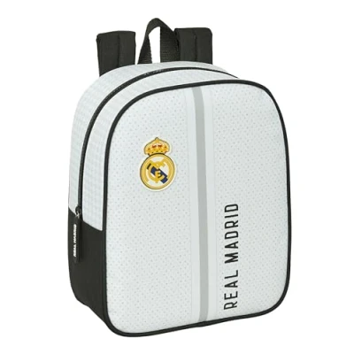 Imagen de REAL MADRID 1ª EQUIPACIÓN 24/25 Mochila Infantil, Niño, Escolar, Adaptable a Carro, Ideal para Guardería, Cómoda y Versátil, Calidad Resistencia, 22x10x27 cm, Color Blanco/gris