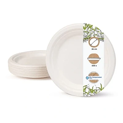 Imagen de BIOZOYG Vajilla ecológica de bagazo Desechable I 500 piezas Platos caña azúcar blanca Redondo blanqueada 26 cm Bio plato comer fiesta