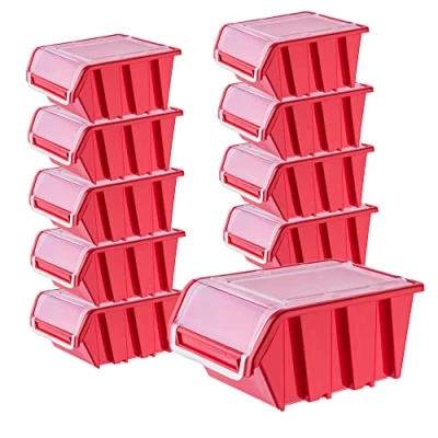Imagen de KADAX caja apilable con tapa, de almacenamiento plástico PP, en diferentes tamaños y colores, cajas solapa para pared herramientas (rojo, 10 unidades 155 x 100 mm)