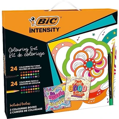 Imagen de BIC Intensity Set de Colorear: Rotuladores y Lápices Colores, 2 divertidos Libros para Colorear con Mandalas Mensajes Inspiradores, Regala Creatividad, Relajación e Inspiración, 50 piezas
