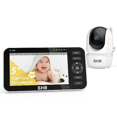 Imagen de GHB Camara Vigilancia Bebe con 5&quot; HD Pantalla Vigilabebés Cámara Batería de 4000mAh Soporta 4 Cámaras, Dividida, 4xZoom, Visión Nocturna, Comunicación Bidirecciona Escucha Bebes