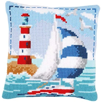 Imagen de Vervaco Kreuzstichkissen Leuchtturm &amp; Segelboot, Stickbild vorgezeichnet Kit de Punto Cruz para cojín, predefinido, Algodón, Colores Variados, ca. 40 x cm / 16&quot;