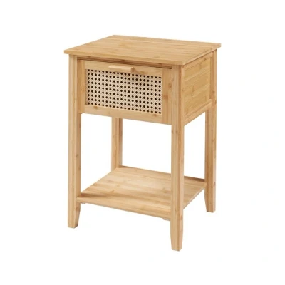 Imagen de [en.casa] Mesita de Noche Leirfjord Mesa Auxiliar Multiusos con un Cajón y Estante para Dormitorio Sala Oficina Bambú Ratán Sintético 60 x 40 35 cm Natural