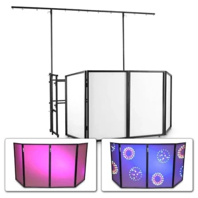 Imagen de Vonyx cabina DJ móvil con mueble, puente de luz y pantalla frontal, estructura portátil plegable para DJ, fácil montaje, ideal eventos, clubs actuaciones