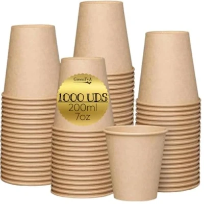 Imagen de GreenFyA Caja 1000 Vasos De Papel 200ml (7oz) Ecológicos Desechables apto Cafe Agua Bebidas Calientes y Frias Ideales para Fiestas, Eventos, Catering, Oficinas Hostelería (Kraft)