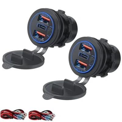Imagen de Intckwan Toma USB 12v, 66W, PD y QC3.0, Moto Impermeable, Cargador con Interruptor Luz Azul, Enchufe Empotrable 12 24v para Coche caravanas Barcos Camiones