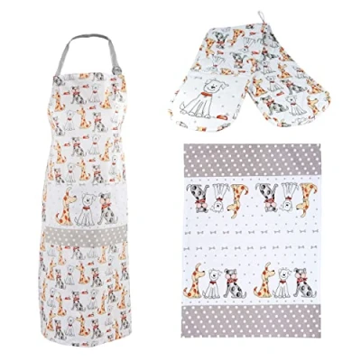 Imagen de SPOTTED DOG GIFT COMPANY Juego 3 Paño de Cocina, Delantal y Manoplas Horno Doble, 100% Algodón Diseño Perros, Regalos Originales para Mujer, Cocineros Amantes los Perro