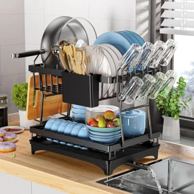 Imagen de PKBD Escurridor de Platos Grande 2 Niveles,Escurridor con Boquilla Drenaje Giratoria 360,Soporte para Tabla Cortar,Soporte Tazas,Soporte Utensilios,Negro