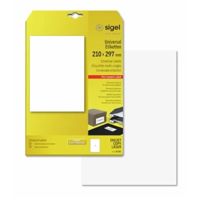 Imagen de SIGEL LA181 Etiquetas universales (Ink/Laser/Copy), 210x297 mm (A4), 25 Et.=25 hojas