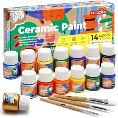 Imagen de colozoo Pintura para Vidrio y Porcelana Apta Lavavajillas 14x20ml Incluye Oro, Plata, 4 Colores de Purpurina 3 Pinceles Set Borrable Cerámica