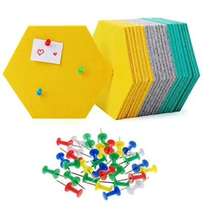 Imagen de HonGien Juego de 21 Tableros Fieltro Color con Forma Hexagonal, Anuncios Autoadhesivos para Mostrar Notas, Imágenes, Decoración Pared Colorida (Lago azul amarillo gris)