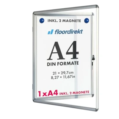 Imagen de Floodirekt Vitrina de pared 1 x DIN A4 con marco aluminio y cristal acrílico, incluye imanes, caja información, colgante magnética, posterior para escribir
