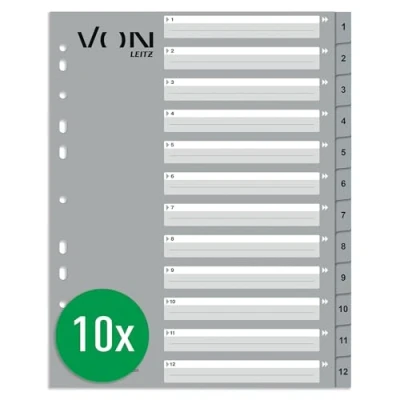 Imagen de VON 12680085 Hojas de índice A4 con números del 1 al 12, separadores numerados para carpetas, polipropileno, extra ancho, universal 11 agujeros carpetas archivos y