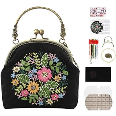 Imagen de Namvo Kit de Inicio Bordado, Bordado Bolsa Monedero Vintage con patrón e Instrucciones, Aros bambú, Hilos y Herramienta