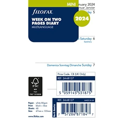 Imagen de Filofax Recambio de agenda 2024 en 4 idiomas, tamaño mini, semana dos páginas, color blanco