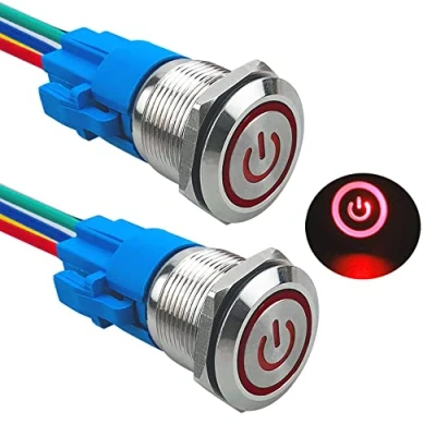 Imagen de Aiqeer 2 Piezas 19 mm Interruptores de Botón Autoblocante, 12V / 24V 5A Interruptor LED Rojo, Pulsador Metálico Impermeable, con Enchufe Precableado