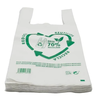 Imagen de various Bolsas de Plástico Tipo Camiseta Resistentes, Reutilizables y Recicladas Tamaño 70% Cumple Normativa Aptas Uso Alimentario