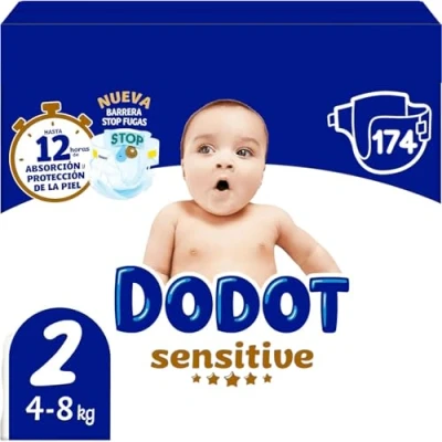 Imagen de Dodot Pañales Bebé Sensitive Talla 2 (4 8 kg), 174 Unidades, Protección de la Piel Recién Nacido, Ultra Suaves, Indicador Humedad, Barrera Anti Fugas, Testados Dermatológicamente