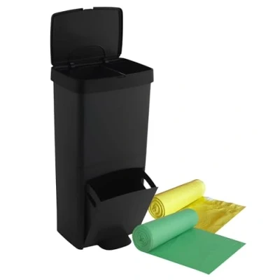Imagen de Pack Cubo de basura o reciclaje 70L en NEGRO, VERTICAL, 2 Compartimentos, Papelera residuos, 76 cm, INCLUYE bolsas adaptadas 30+40L