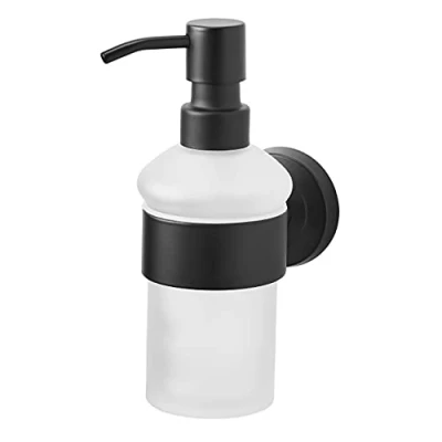 Imagen de AMARE Soporte de Pared Negro Dispensador Vidrio Perforado o Pegado Recargable para baño y Cocina Ideal jabón líquido, loción desinfectante, Acero Inoxidable, Seifenspender m.