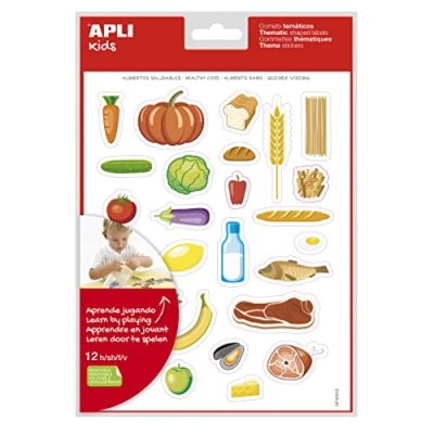 Imagen de APLI Kids 19228 Bolsa de gomets con temática alimentación adhesivo removible 12 hojas pegatinas alimentos saludables