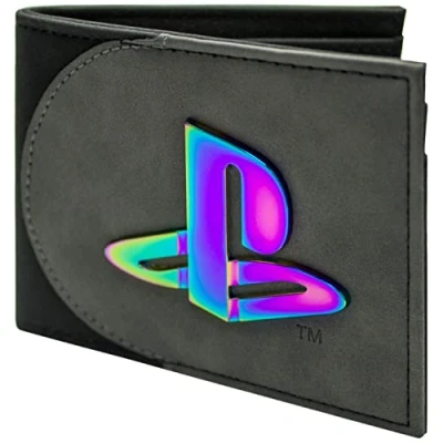 Imagen de PS5 Triángulo Cuadrado Emblema Metálico Iridiscente Iconico Billetera/Cartera Bi Fold Porta ID &amp; Tarjetero, Gris