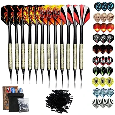 Imagen de Sinwind 12 Dardos Punta Plastico para Diana Electrónica, Electronica de Profesionales + 42 Plumas 14 Patrones 100 Puntas (16 Gramos)