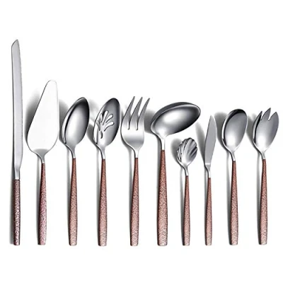 Imagen de Berglander Juego de cubiertos para servir 10 piezas con mango superficie lunar y cabeza brillante chapado en titanio cuberteria cucharas acero inoxidable utensilios