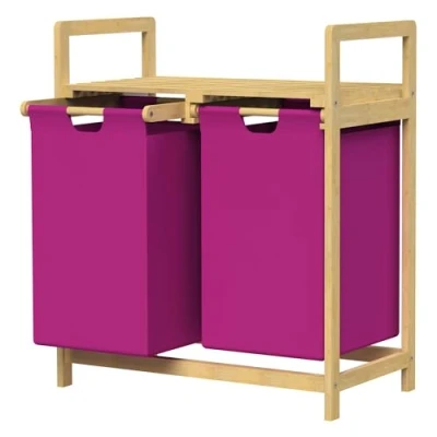Imagen de ML Design Cesto para la Colada de Bambú Magenta Caja Ropa Sucia con 2 Compartimentos Recogedor Bolsas Extensibles 60 L Cubo Estante Clasificador el Cuarto Baño