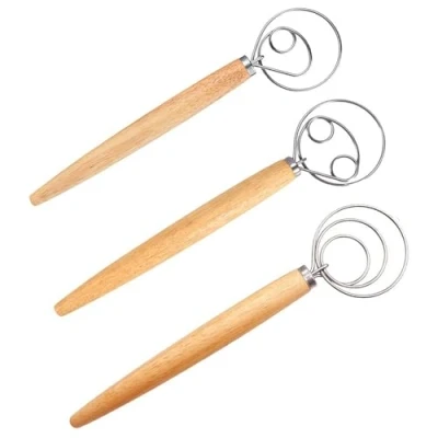 Imagen de Batidora de Varilla Manual, 3 Piezas Batidor Set, Varillas para Masa Danesa, Alambre Acero Inoxidable Batidor, Mango madera Batidora, huevo, Pan, Masa, Galletas, Pizza