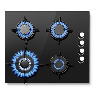 Imagen de SNDOAS Placa de Gas, Encimera Gas Vidrio Templado 4 Fuegos, Natural/Propano, Válvula Seguridad, Negro, 8000 W, 220 240 V