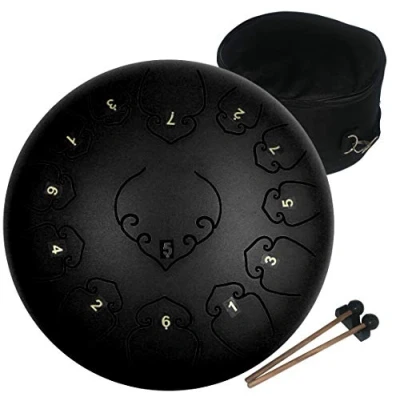 Imagen de AMKOSKR Tambor de Lengua Acero 12 Pulgadas 30cm 13Notas C Chiave,Instrumento Percusión Mano para Niño con Mazos y Bolsa Transporte(Negro)