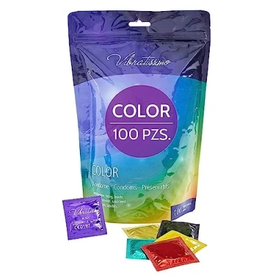 Imagen de VIBRATISSIMO condones Color paquete de 100 I sensitivos y extra húmedos preservativos colores anticoncepción hombres set multicolor rojo, negro, amarillo, verde dorado