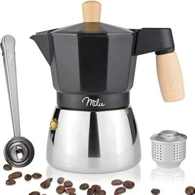 Imagen de Milu Cafetera Italiana inducción 3, 6, 9 tazas Moka de Aluminio, Expresso Maker Set comprensivo di sottobicchiere, cucchiaio, spazzola (Negro + Mango madera, 3 (150ml)