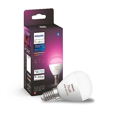 Imagen de Philips Hue Bombilla LED inteligente Esférica, casquillo E14, 5.1W 470 lúmens, Luz Blanca y de Colores, Compatible con Alexa Google Home