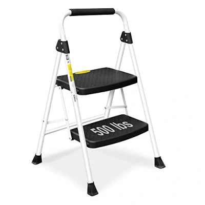 Imagen de HBTower Escalera Plegable 2 Peldaños Taburete Cocina con Pedal Ancho Antideslizante, Agarre Conveniente, Portátil de Acero Ligero, para Cocinas Blanco