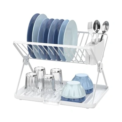 Imagen de Amig Escurreplatos Plegable Kaplya 41,5 x 33,2 33,8 cm Acero y Plástico Color Blanco Compacto con Bandeja para Goteo Soporte Cubiertos Ideal Cocinas Pequeñas