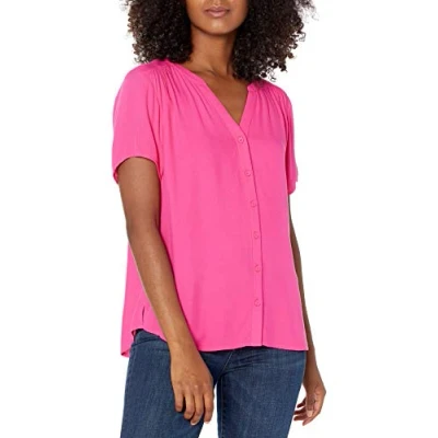 Imagen de Amazon Essentials Blusa Tejida de Manga Corta Mujer, Rosa Intenso, XL