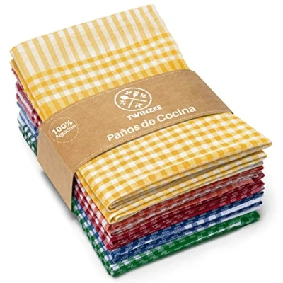 Imagen de Twinzee Set de 10 Textiles Cocina a Cuadros 100% Algodon 47 x 67 cm Diseño Retro Paños para secar la vajilla y Las Manos 2 Azul, Rojo, Verde, Naranja, Amarillos