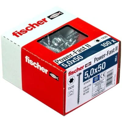 Imagen de fischer Power Fast II 670439 Tornillo para aglomerado (100 unidades, 5,0 x 50 mm, con estrella interior TX, rosca completa, galvanizado), color azul