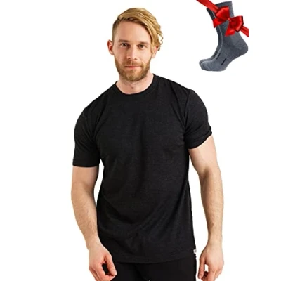 Imagen de Merino.tech Camiseta Lana Merino Hombre — 100% orgánica de Interior Capa Base Layer (Melange Black, Small)