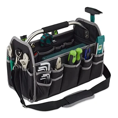 Imagen de Relaxdays Bolsa para Herramientas, Portaherramientas con Bolsillos, Organizador Llaves Correa y Asa, 30x42x23 cm, Negro, Poliéster, 30 x 42 23 cm