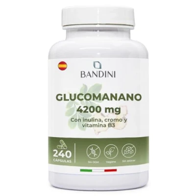 Imagen de Bandini® Glucomanano Forte 4.200 mg por dosis diaria 240 CÁPSULAS Enriquecido con Cromo, Vitamina B3 e Inulina Glucomannan a partir de fibra vegetal raíz Konjac Suplemento alta