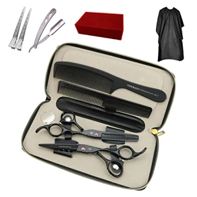 Imagen de JIESENYU Juego de tijeras peluquería profesional 15,24 cm, acero 440C para corte pelo, color negro (set 2)