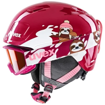 Imagen de uvex heyya set, casco de esquí infantil con gafas ligero, ajuste talla individualizado, mejora del contraste, berry, white sloth, 46 50 cm