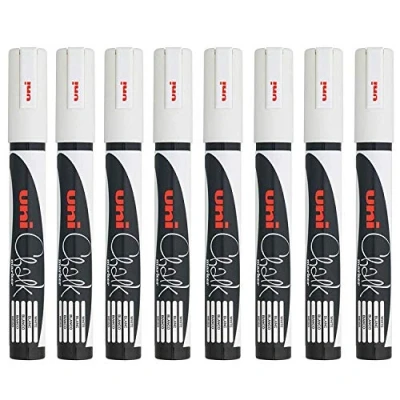 Imagen de pwe 5m Uni Ball Rotuladores de Tiza Líquida Punta Redonda (1.8mm 2.5mm) Conjunto 8 Blanco