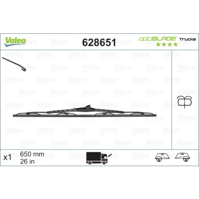 Imagen de Limpiaparabrisas Valeo Optiblade Trucks 628651 650mm ambos lados Estándar sujeción por gancho con boquilla incorporada de lavado, conducto